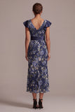 Mermaid V-Neck Ruffled Floral Navy Long Mother of the Bride Dress with Sash