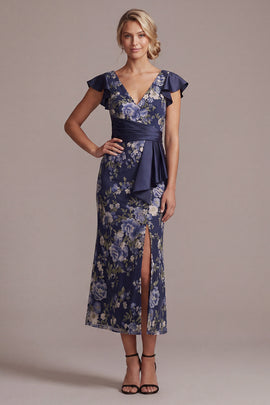 Mermaid V-Neck Ruffled Floral Navy Long Mother of the Bride Dress with Sash