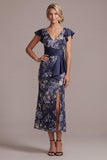 Mermaid V-Neck Ruffled Floral Navy Long Mother of the Bride Dress with Sash