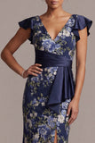 Mermaid V-Neck Ruffled Floral Navy Long Mother of the Bride Dress with Sash