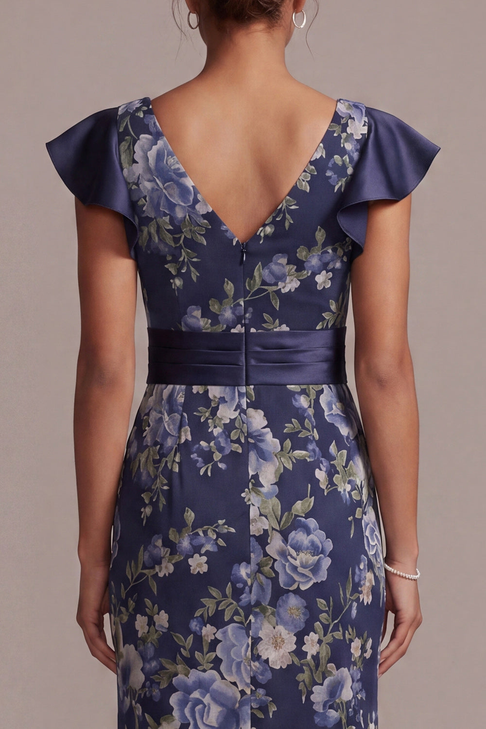 Mermaid V-Neck Ruffled Floral Navy Long Mother of the Bride Dress with Sash