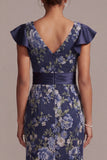 Mermaid V-Neck Ruffled Floral Navy Long Mother of the Bride Dress with Sash