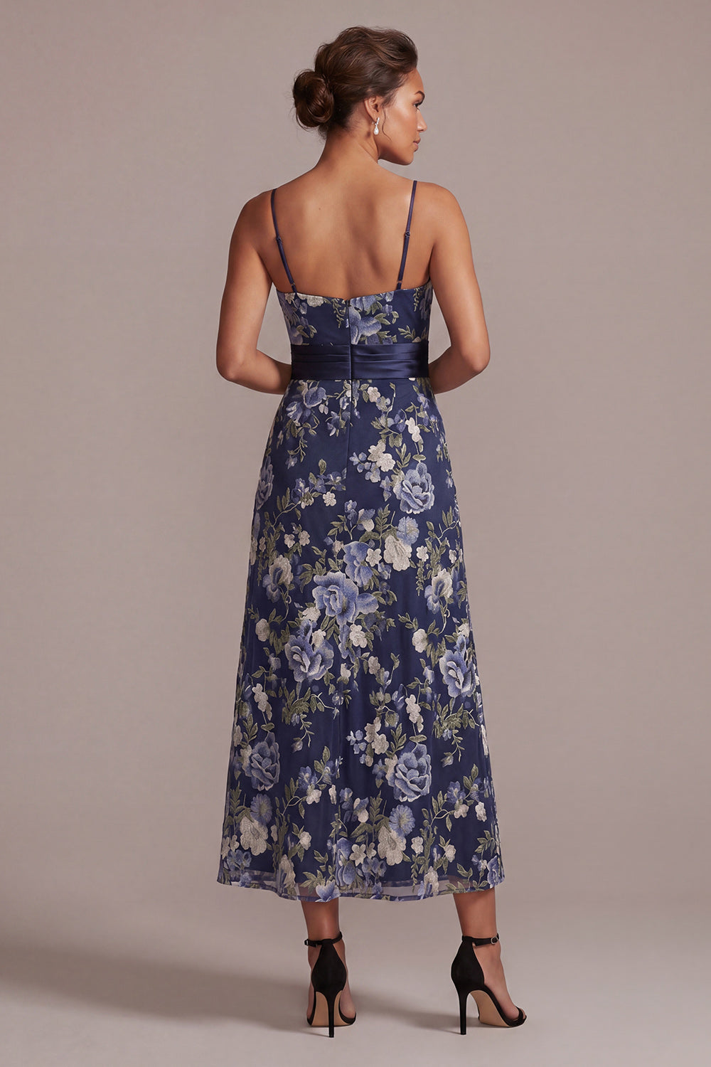 A Line Spaghetti Straps Floral Navy Long Mother of the Bride Dress with Sash
