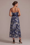 A Line Spaghetti Straps Floral Navy Long Mother of the Bride Dress with Sash