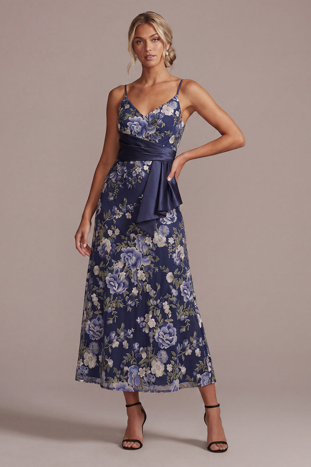 A Line Spaghetti Straps Floral Navy Long Mother of the Bride Dress with Sash
