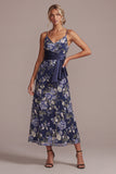 A Line Spaghetti Straps Floral Navy Long Mother of the Bride Dress with Sash