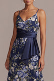 A Line Spaghetti Straps Floral Navy Long Mother of the Bride Dress with Sash