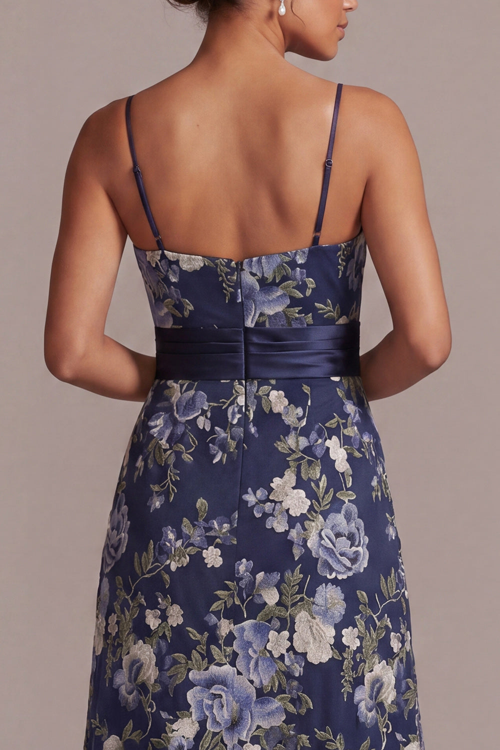 A Line Spaghetti Straps Floral Navy Long Mother of the Bride Dress with Sash