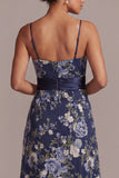 A Line Spaghetti Straps Floral Navy Long Mother of the Bride Dress with Sash