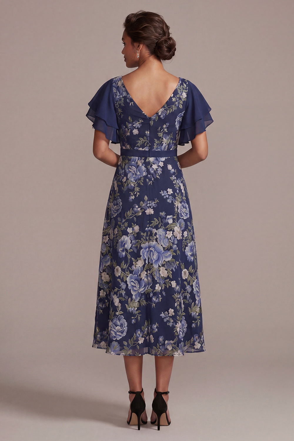 V-Neck A Line Floral Navy Long Mother of the Bride Dress with Slit