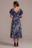 V-Neck A Line Floral Navy Long Mother of the Bride Dress with Slit