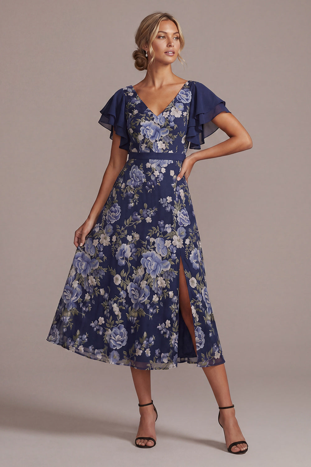 V-Neck A Line Floral Navy Long Mother of the Bride Dress with Slit
