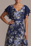 V-Neck A Line Floral Navy Long Mother of the Bride Dress with Slit