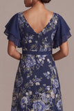 V-Neck A Line Floral Navy Long Mother of the Bride Dress with Slit