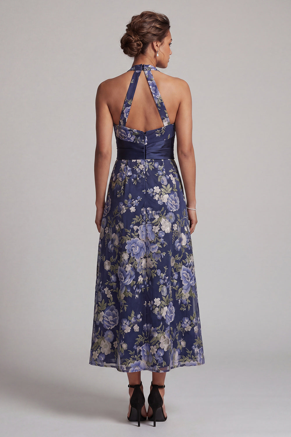 Halter Ruched A Line Floral Navy Long Mother of the Bride Dress with Sash