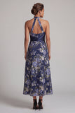 Halter Ruched A Line Floral Navy Long Mother of the Bride Dress with Sash