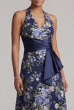 Halter Ruched A Line Floral Navy Long Mother of the Bride Dress with Sash