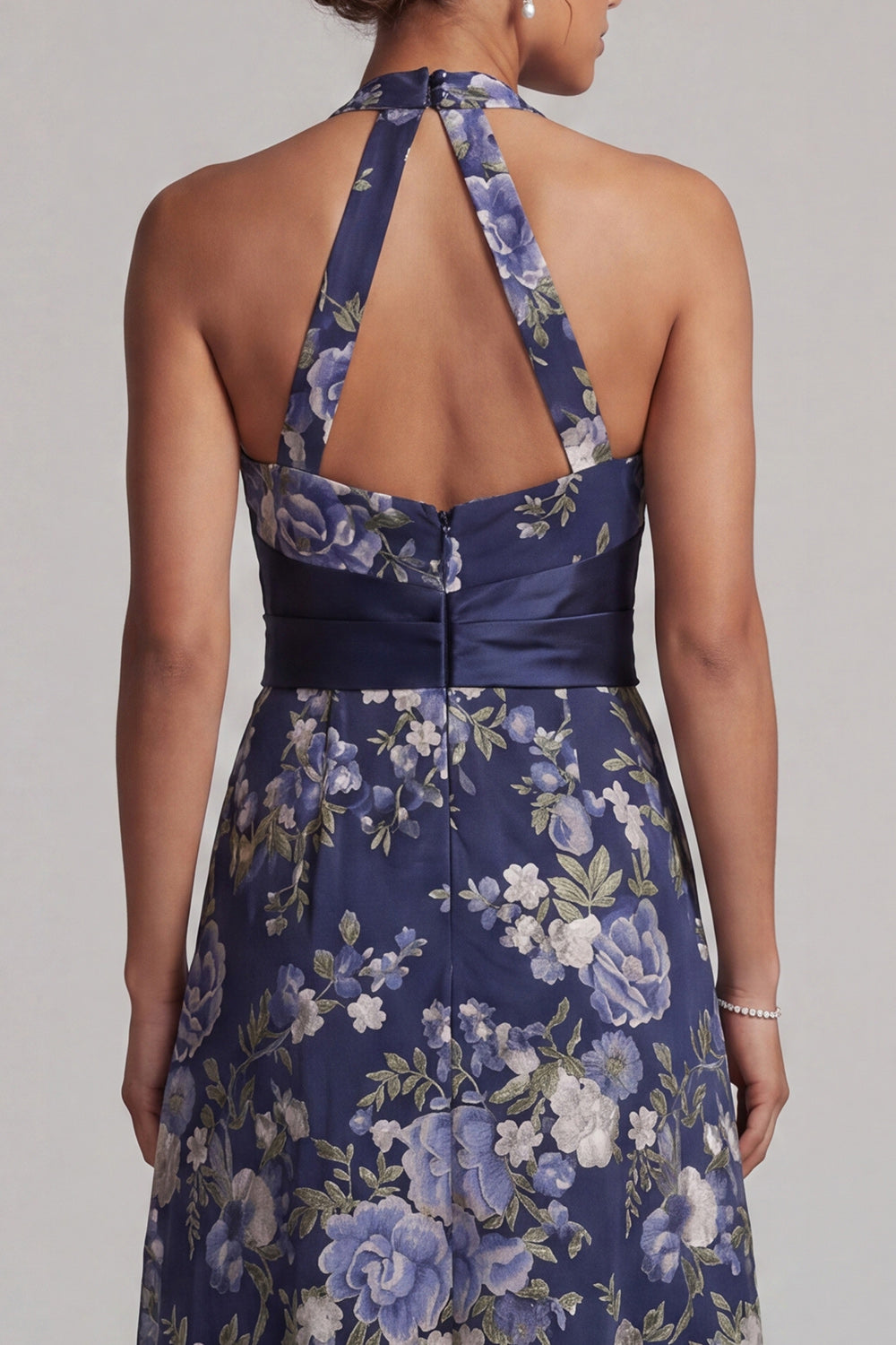 Halter Ruched A Line Floral Navy Long Mother of the Bride Dress with Sash