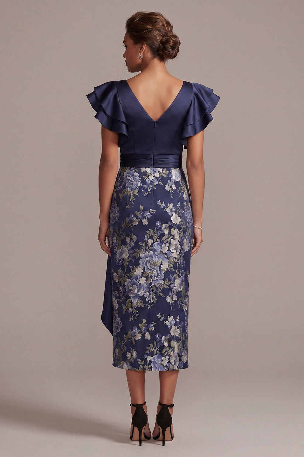 Ruffled V-Neck Sheath Floral Navy Long Mother of the Bride Dress with Slit