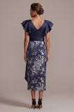 Ruffled V-Neck Sheath Floral Navy Long Mother of the Bride Dress with Slit
