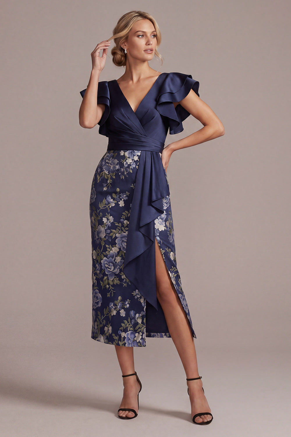 Ruffled V-Neck Sheath Floral Navy Long Mother of the Bride Dress with Slit