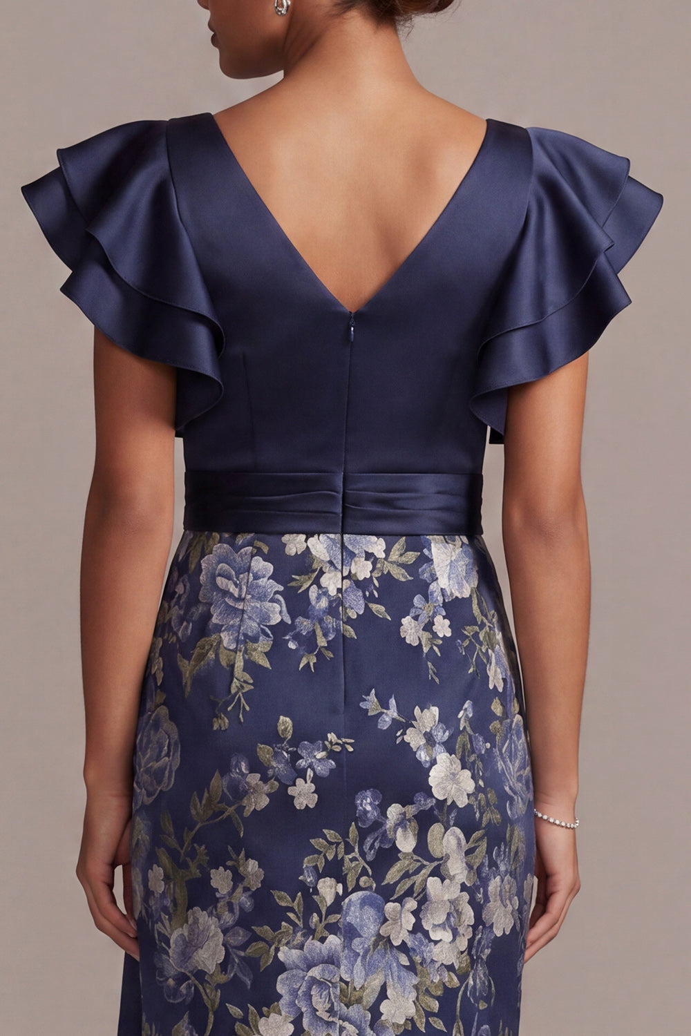 Ruffled V-Neck Sheath Floral Navy Long Mother of the Bride Dress with Slit