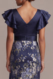 Ruffled V-Neck Sheath Floral Navy Long Mother of the Bride Dress with Slit