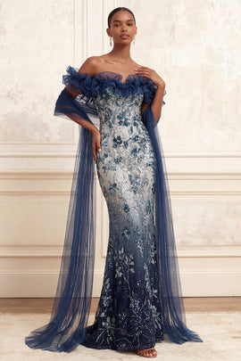 Mermaid Sparkly Navy Floral Long Off the Shoulder Beaded Prom Dress with Ruffles