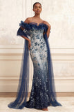 Mermaid Sparkly Navy Floral Long Off the Shoulder Beaded Prom Dress with Ruffles