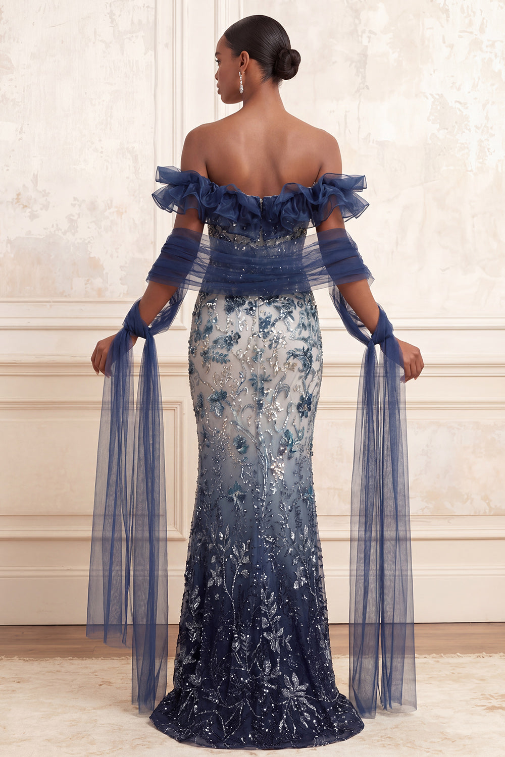 Mermaid Sparkly Navy Floral Long Off the Shoulder Beaded Prom Dress with Ruffles