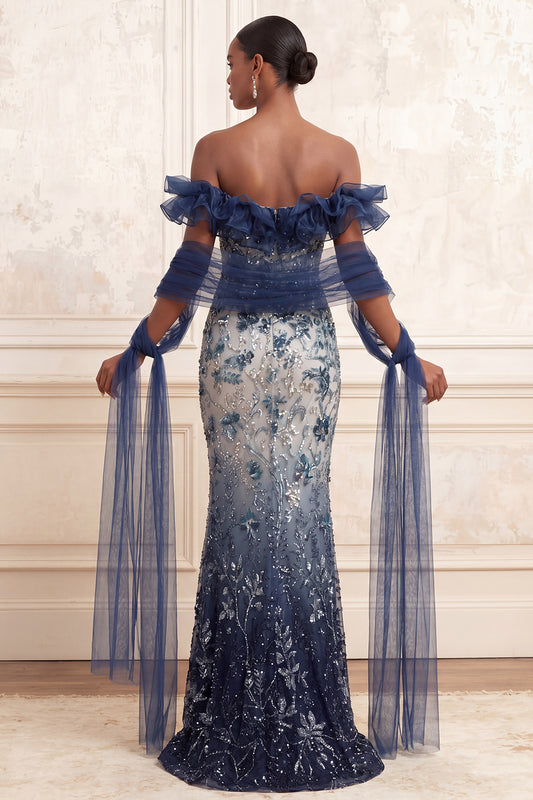 Mermaid Sparkly Navy Floral Long Off the Shoulder Beaded Prom Dress with Ruffles