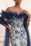 Mermaid Sparkly Navy Floral Long Off the Shoulder Beaded Prom Dress with Ruffles