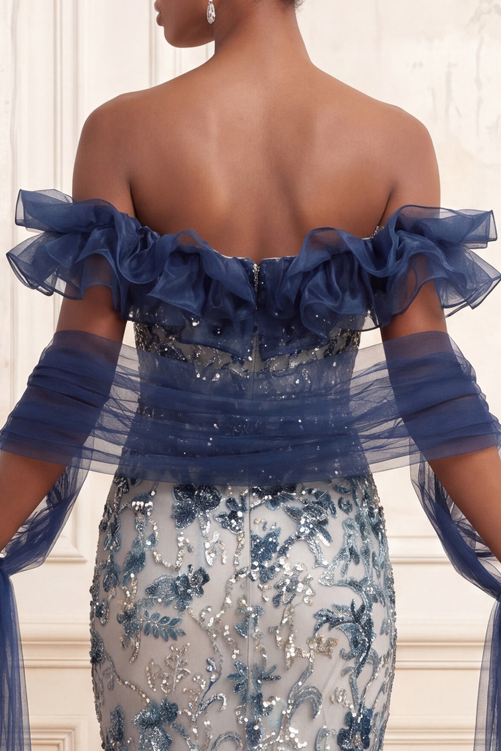 Mermaid Sparkly Navy Floral Long Off the Shoulder Beaded Prom Dress with Ruffles