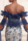 Mermaid Sparkly Navy Floral Long Off the Shoulder Beaded Prom Dress with Ruffles