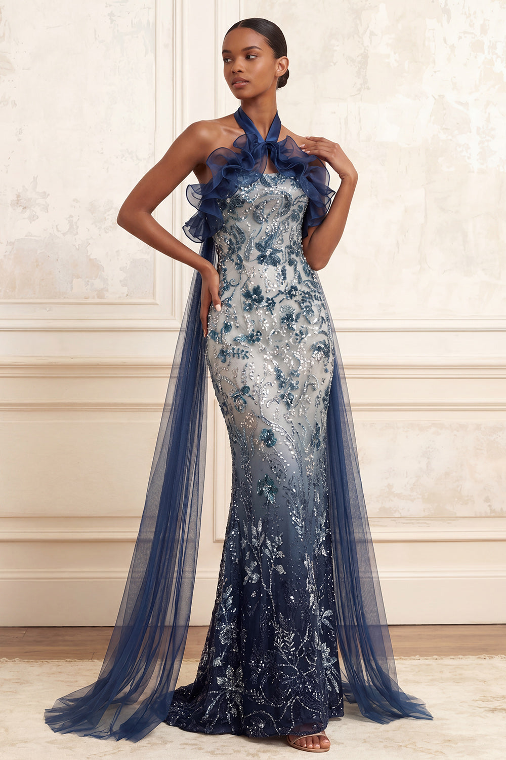 Ruffled Halter Mermaid Sparkly Navy Floral Long Beaded Prom Dress with Cape