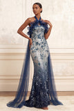 Ruffled Halter Mermaid Sparkly Navy Floral Long Beaded Prom Dress with Cape