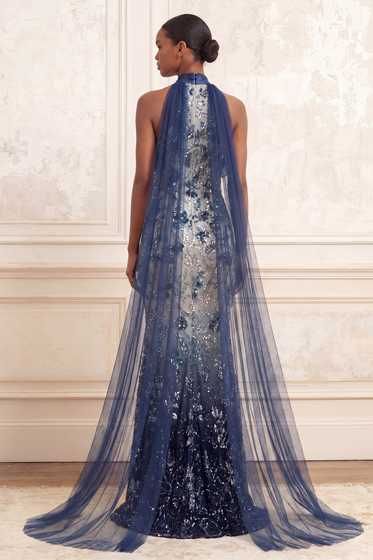Ruffled Halter Mermaid Sparkly Navy Floral Long Beaded Prom Dress with Cape