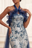 Ruffled Halter Mermaid Sparkly Navy Floral Long Beaded Prom Dress with Cape