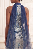 Ruffled Halter Mermaid Sparkly Navy Floral Long Beaded Prom Dress with Cape