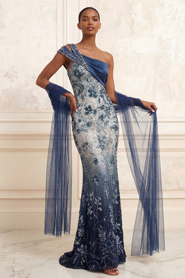 One Shoulder Ruched Mermaid Sparkly Navy Floral Long Beaded Prom Dress