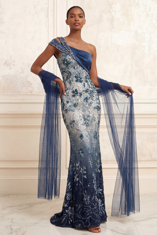 One Shoulder Ruched Mermaid Sparkly Navy Floral Long Beaded Prom Dress