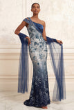 One Shoulder Ruched Mermaid Sparkly Navy Floral Long Beaded Prom Dress