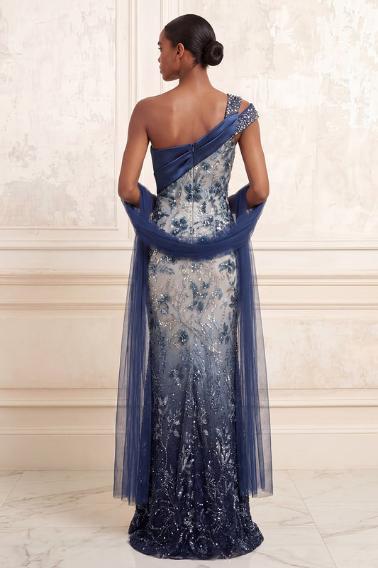 One Shoulder Ruched Mermaid Sparkly Navy Floral Long Beaded Prom Dress