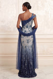 One Shoulder Ruched Mermaid Sparkly Navy Floral Long Beaded Prom Dress