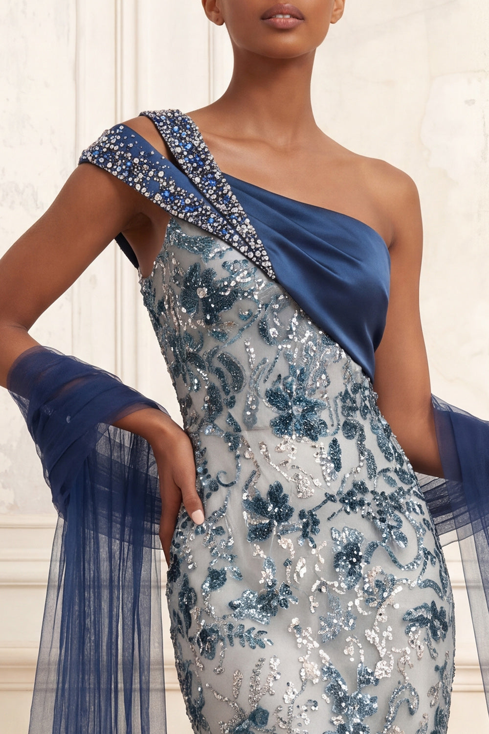 One Shoulder Ruched Mermaid Sparkly Navy Floral Long Beaded Prom Dress