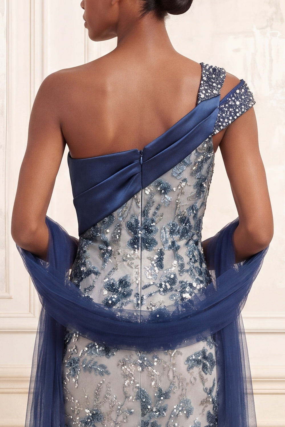 One Shoulder Ruched Mermaid Sparkly Navy Floral Long Beaded Prom Dress