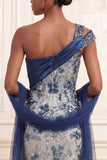 One Shoulder Ruched Mermaid Sparkly Navy Floral Long Beaded Prom Dress