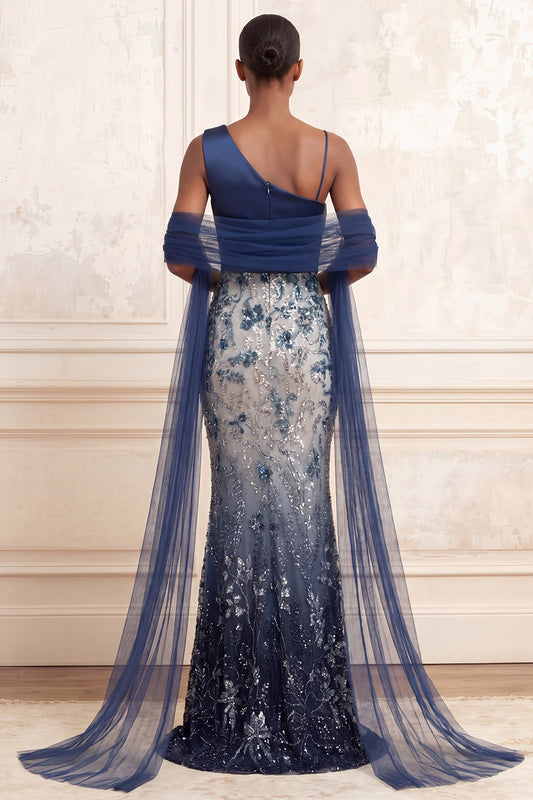 Ruched Mermaid One Shoulder Sparkly Navy Floral Long Beaded Prom Dress