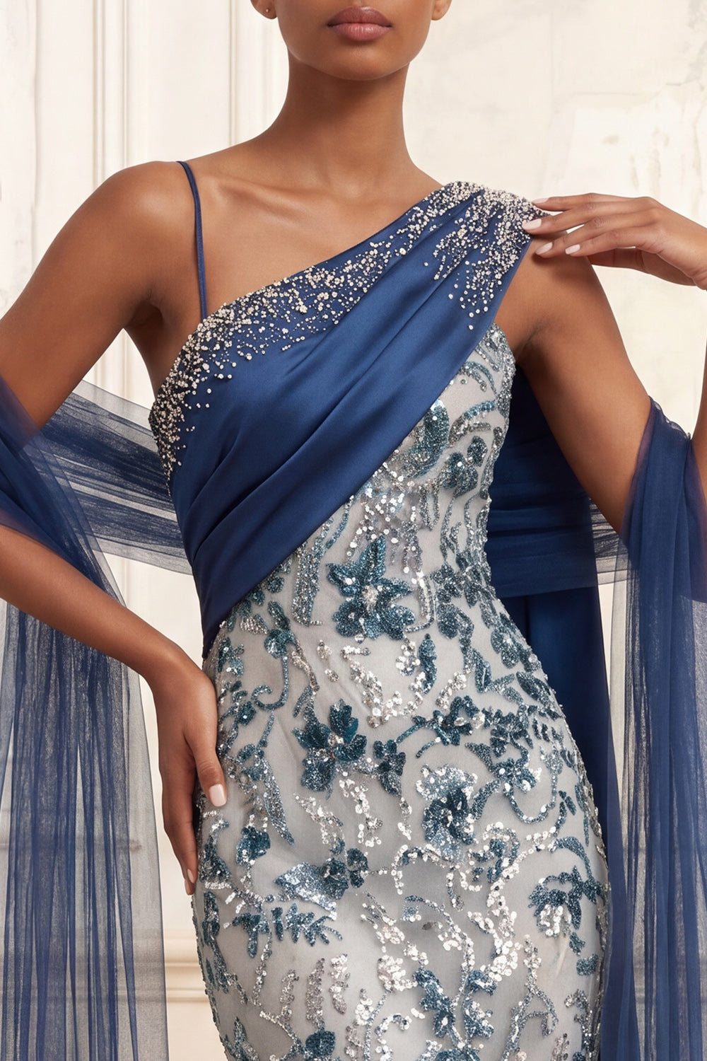 Ruched Mermaid One Shoulder Sparkly Navy Floral Long Beaded Prom Dress