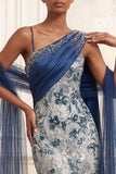 Ruched Mermaid One Shoulder Sparkly Navy Floral Long Beaded Prom Dress